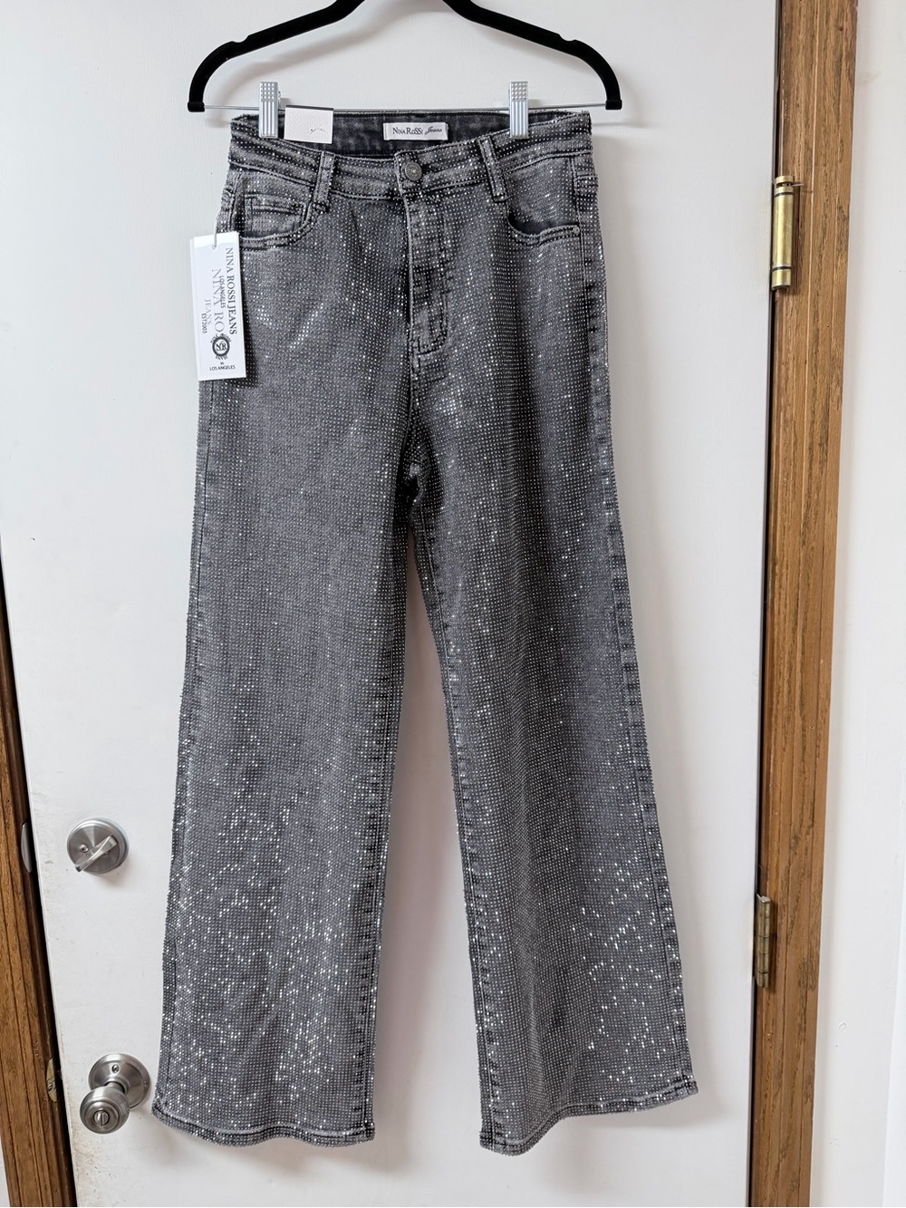 Nina Rossi Silver-Embellished Gray Wide-Leg Jeans